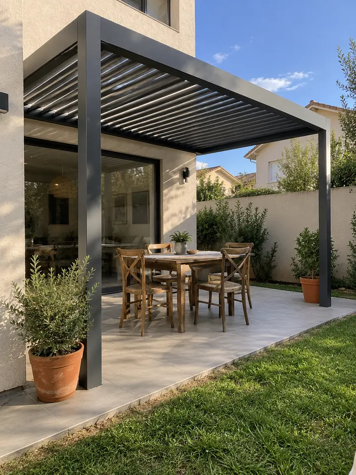 Imagen referencial de una pérgola de aluminio en un patio residencial chileno